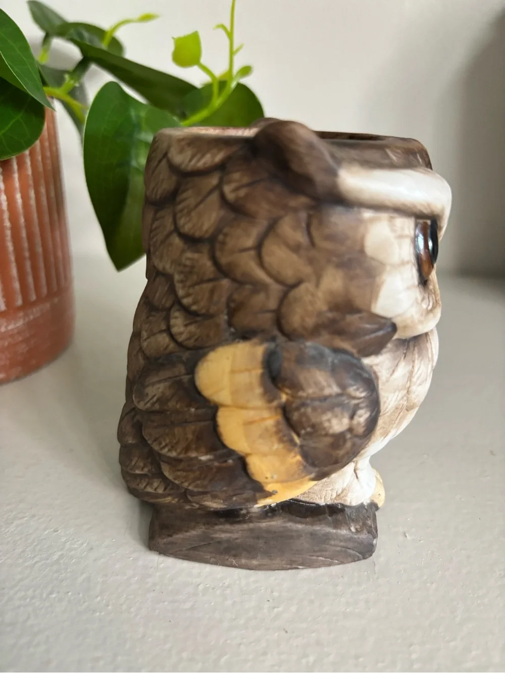 Vintage Mcm retro ceramic grumpy owl tapered candle holder